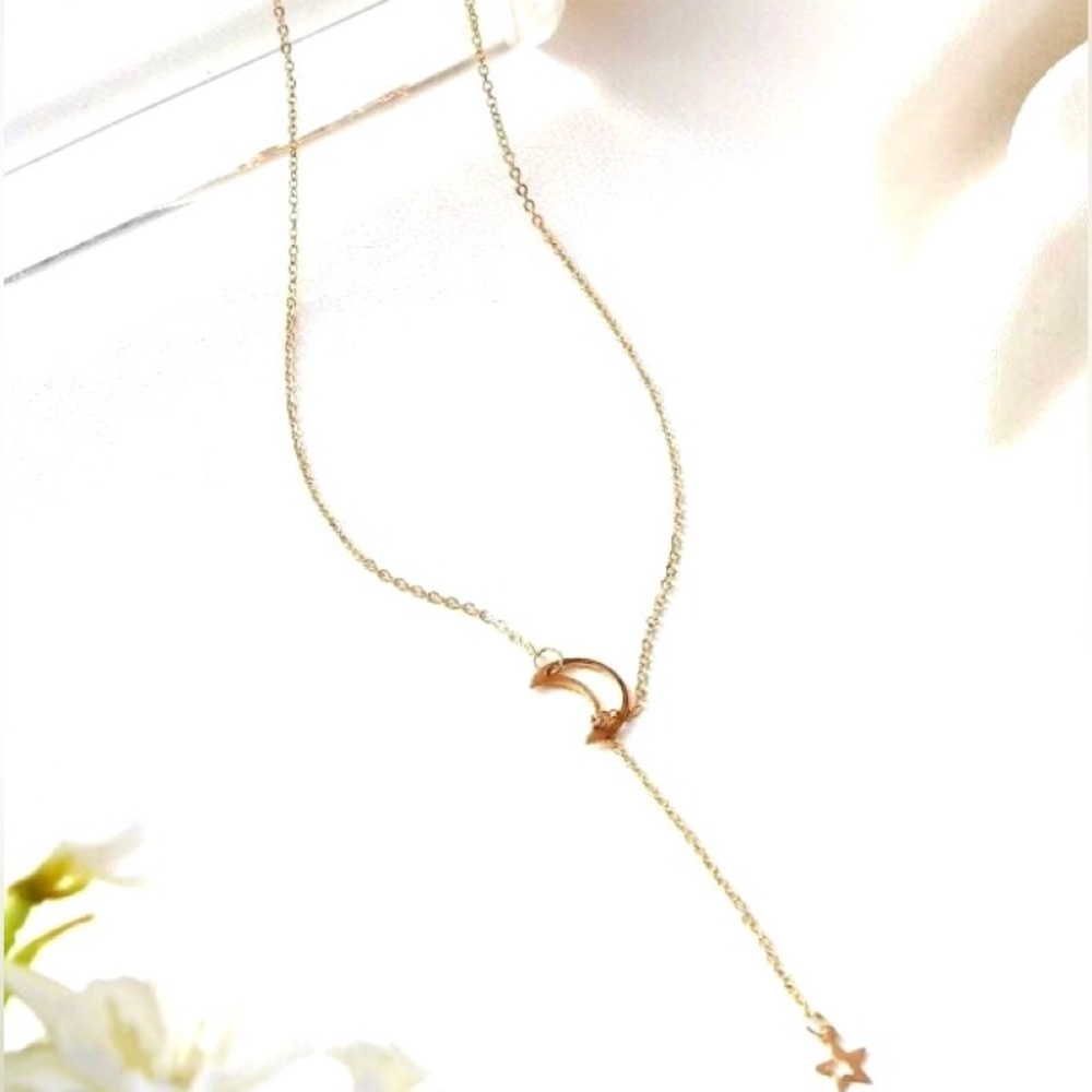 Crescent Moon and Star Hollow Open End Free Form Sautoir Dainty Gold Necklace